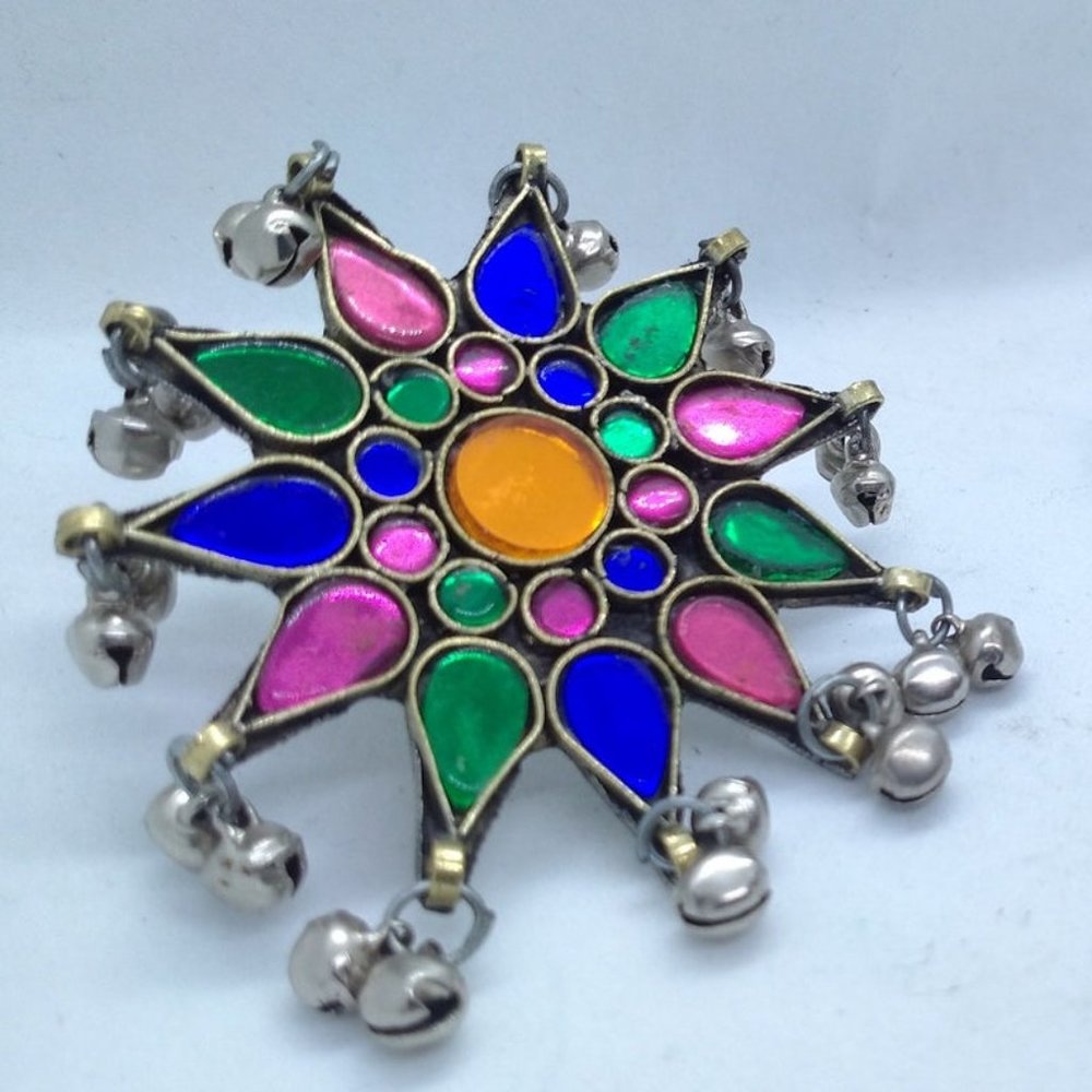 Glass Stone Ring With Dangling Silver Bells, Afghan Ethnic Ring, Massive Ring - Picture 4 of 5